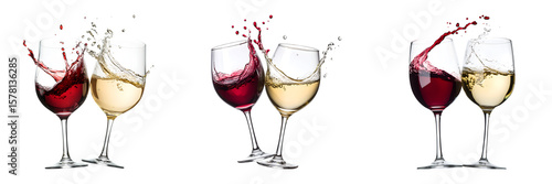 group of  Two wine glasses clinking, red and white wine splashing, isolated on white background