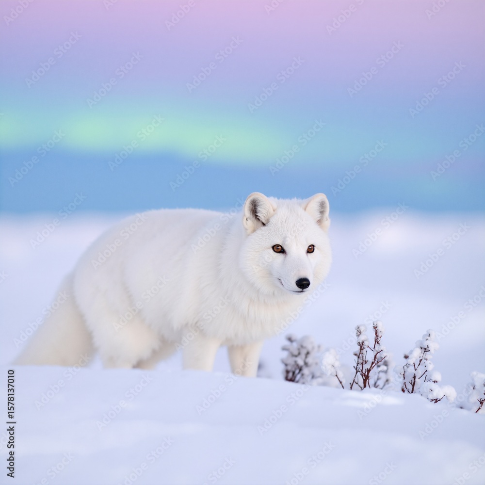 Naklejka premium A majestic polar bear stands gracefully on a snowy landscape, its thick white fur contrasting beautifully with the glistening snowflakes around it.
