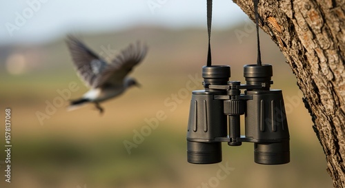 Black Binoculars Hanging on Tree Trunk with Bird Flying in Natural Outdoor Landscape