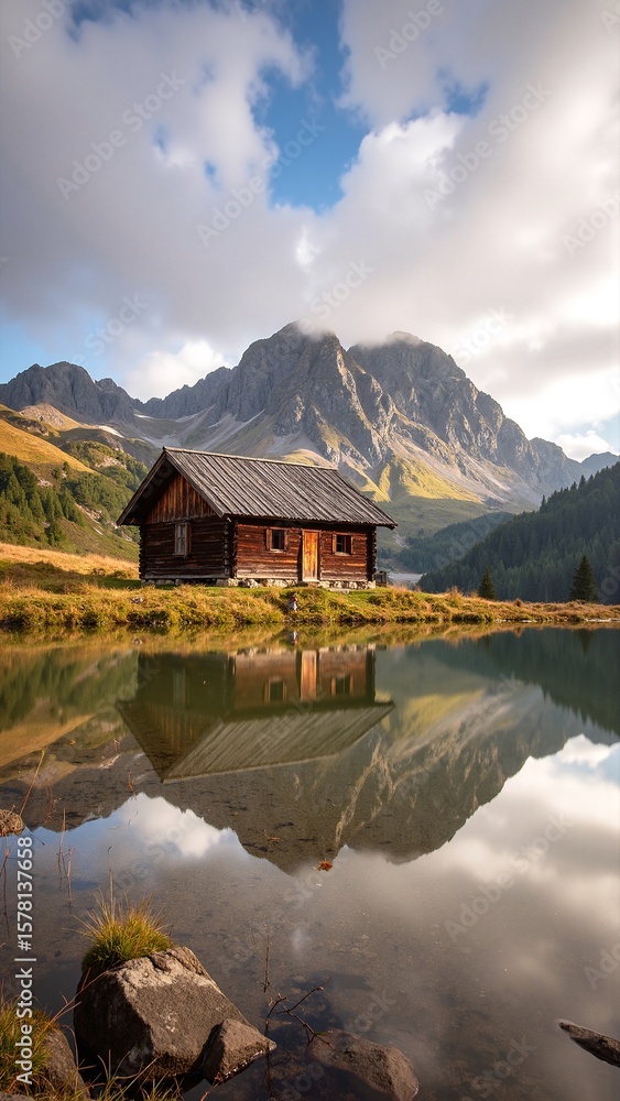 Fototapeta premium A quaint, rustic cabin with a wooden exterior rests peacefully on the tranquil shore of a shimmering lake, surrounded by lush greenery and tall trees.