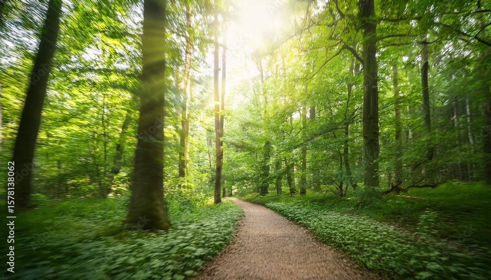 Fototapeta premium serene blurred pathway through a lush green forest