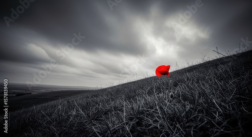 Solitary red poppy stands tall on a desolate field under a dramatic cloudy sky