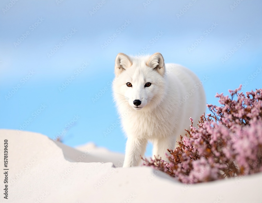 Naklejka premium A majestic white fox stands gracefully in a blanket of fresh, glistening snow, its fur shimmering in the soft winter sunlight, surrounded by a serene, snowy landscape.