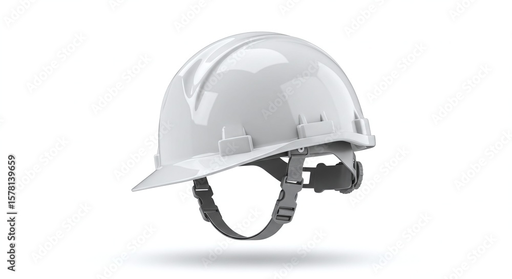 Naklejka premium White Construction Helmet with Adjustable Strap on White Background