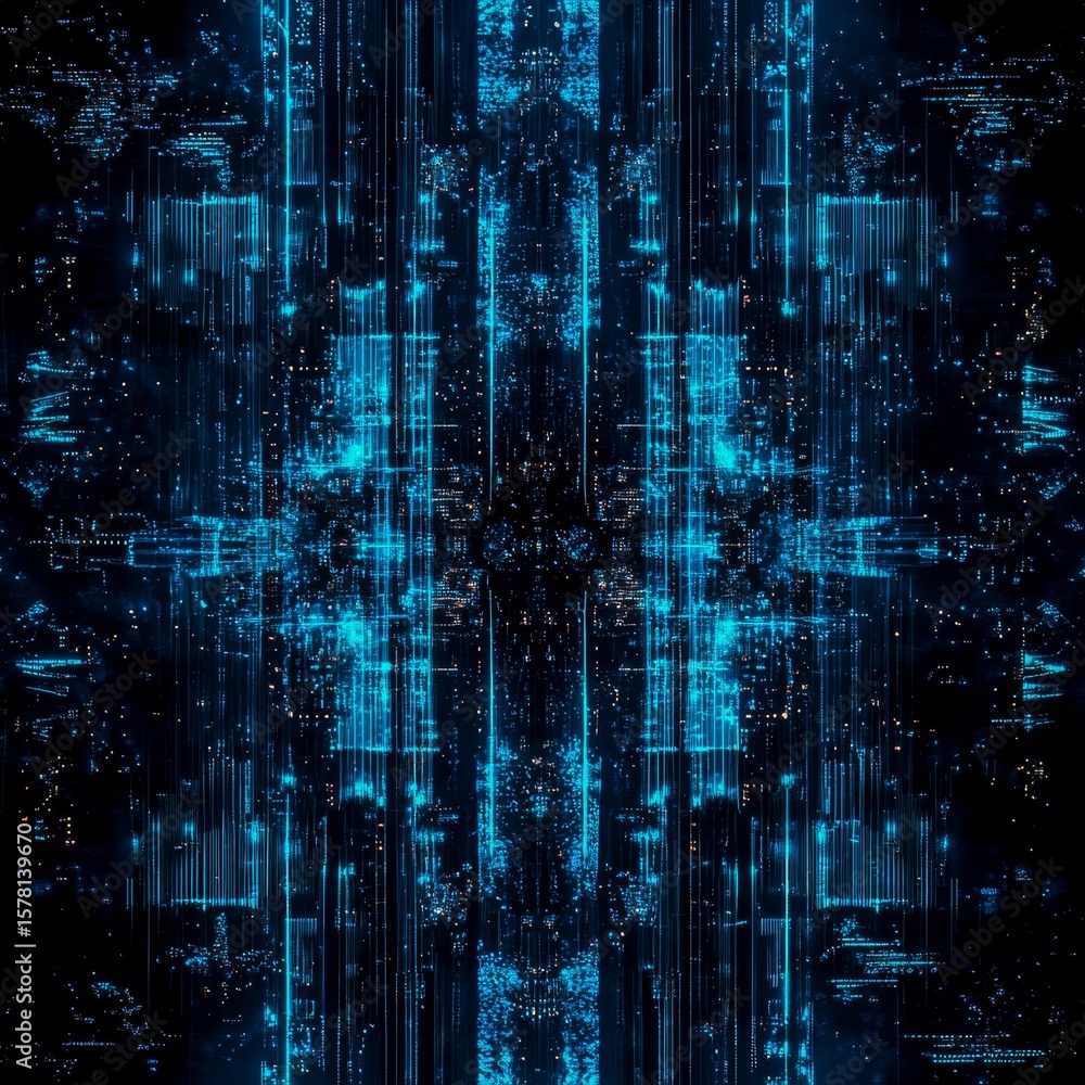 Obraz premium Cybernetic abstract background with digital circuitry patterns in neon blue and black futuristic and isolated