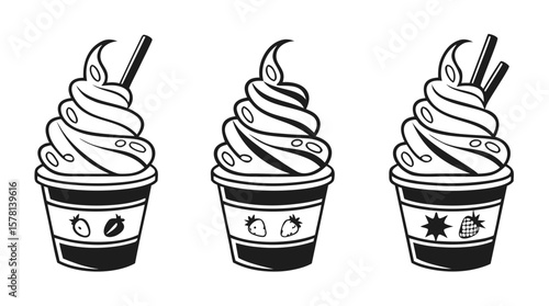 Frozen Yogurt and Soft Serve Ice Cream Icons – Black and White Vector Set