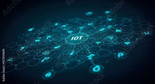 Glowing IOT Network: Connected Devices in Hexagonal Grid on Dark Background