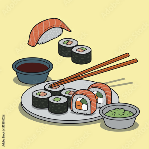 Delicious sushi rolls and nigiri with soy sauce and wasabi illustration for japanese food lovers design