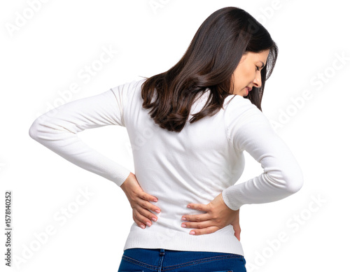 Woman with Acute Lower Back Pain, Hands Pressed to Spine, Side View, isolated on transparent background PNG