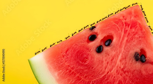 A line of ants marching across a juicy slice of watermelon on a bright yellow background.