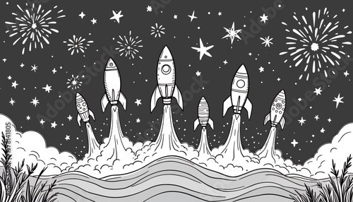 A vector illustration depicts a group of rockets launching against a backdrop of fireworks and stars, creating a celebratory and dynamic atmosphere in black and white.