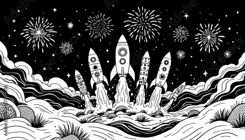 A fleet of retro rockets blasts off into a starry night sky filled with celebratory fireworks, symbolizing adventure and new beginnings.