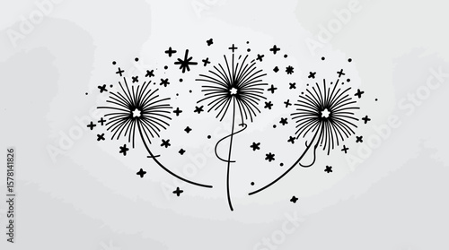 A charming black and white vector illustration featuring three stylized fireworks or dandelion puffs with scattered stars, perfect for festive design elements.