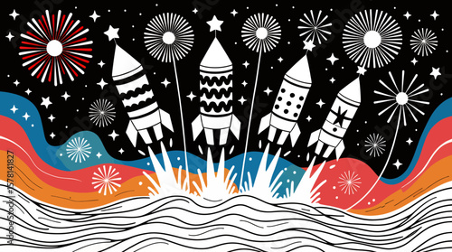 Celebrate Independence Day with this vibrant vector PNG of fireworks exploding from rockets against a colorful night sky, perfect for festive designs and celebrations.