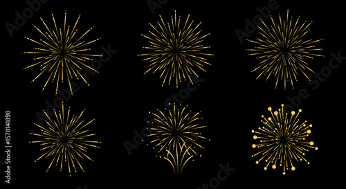 A collection of dazzling golden fireworks bursts exploding against a dark background, perfect for festive celebrations and graphic design projects.