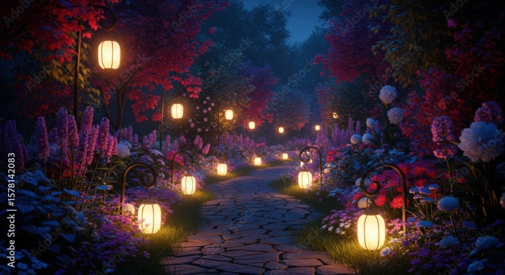 Obraz premium Enchanting Illuminated Garden Pathway Lined with Glowing Lanterns and Abundant Flowers