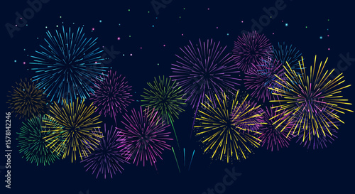A vibrant vector illustration showcases a dazzling display of colorful fireworks illuminating the night sky, perfect for festive celebrations and event promotions.