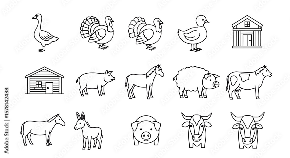 Naklejka premium Line Art Farm Animals Collection