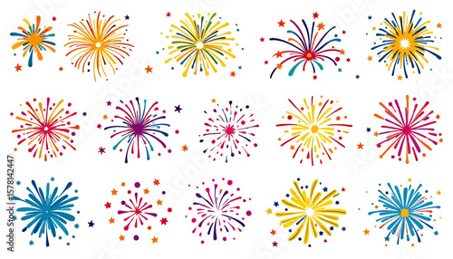 A vibrant collection of colorful, stylized fireworks bursts and sparkling effects, perfect for festive celebrations and graphic design elements.