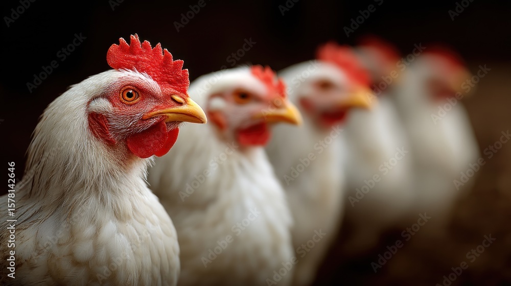 Fototapeta premium Closeup white chickens row dark background