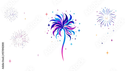 A vibrant, colorful vector illustration of fireworks exploding with dynamic energy, ideal for festive celebrations and graphic design projects, presented on a clean background.