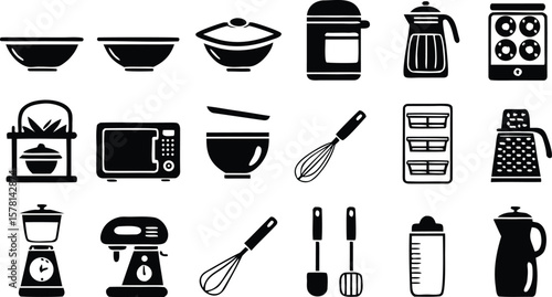 Collection of kitchen utensils and appliances including bowls pots microwave whisk mixer kettle and grater isolated on transparent background