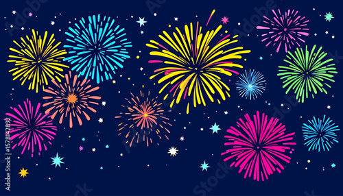 A vibrant vector illustration showcases a colorful display of fireworks exploding against a dark blue night sky, perfect for celebrations, events, and festive designs.