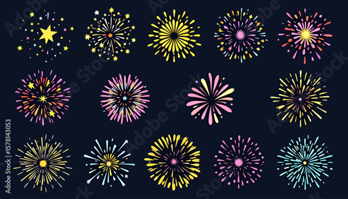 Vector fireworks PNG collection: 15 colorful firework bursts and stars, perfect for festive designs, celebrations, and holiday projects.  Ideal for adding a vibrant, explosive element to your artwork.