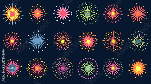 Vibrant and colorful vector fireworks illustrations, presented as transparent PNG elements, perfect for adding festive flair to designs celebrating special occasions and holidays.