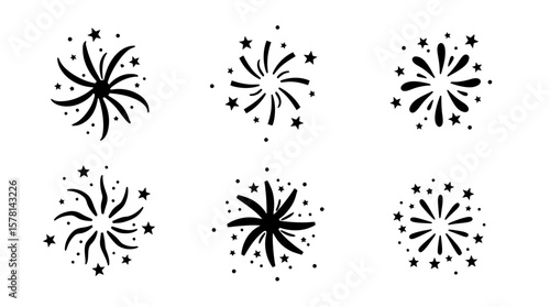 A collection of six stylized black and white fireworks vector illustrations, perfect for celebratory designs, festive events, and graphic resource applications in a PNG format.