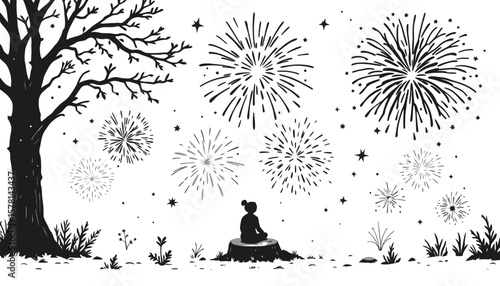 A serene hand-drawn illustration depicts a lone figure meditating peacefully under a bare tree, gazing up at a sky filled with dazzling, explosive fireworks.