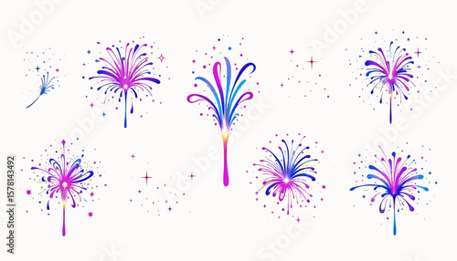 A vibrant vector illustration showcases a collection of colorful fireworks, perfect for celebratory designs and adding a touch of festive flair to any project.