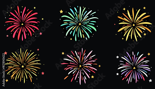 A vibrant collection of six colorful firework explosions, rendered in a festive cartoon vector style, isolated on a black background, ideal for celebrations.