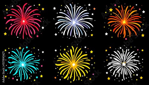 A vibrant vector illustration showcases a collection of colorful fireworks exploding against a dark, star-filled night sky, perfect for celebratory designs and festive occasions.