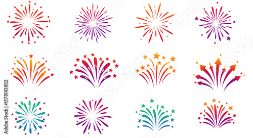 A vibrant collection of colorful fireworks explosions in various designs, perfect for celebratory events, festive occasions, and adding a touch of excitement to any design project, available as a