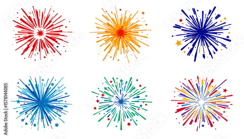A vibrant vector illustration showcases a collection of colorful fireworks exploding with dynamic energy, perfect for festive celebrations and design projects with a celebratory theme.