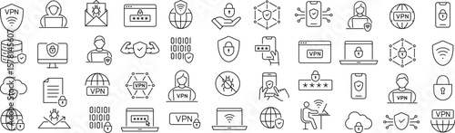 ベクターでモノクロのVPNに関する線画アイコンセット
