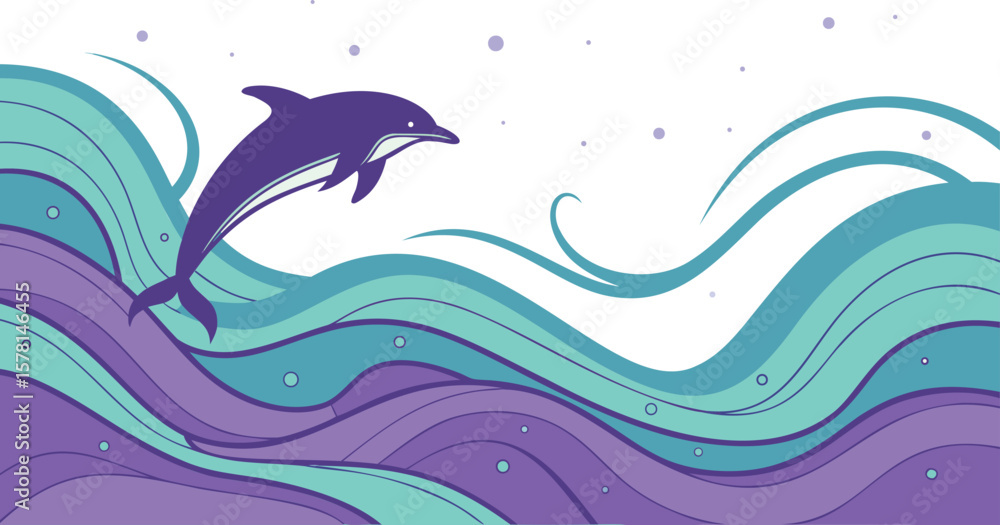 Fototapeta premium Dolphin Jumping Abstract Waves Illustration