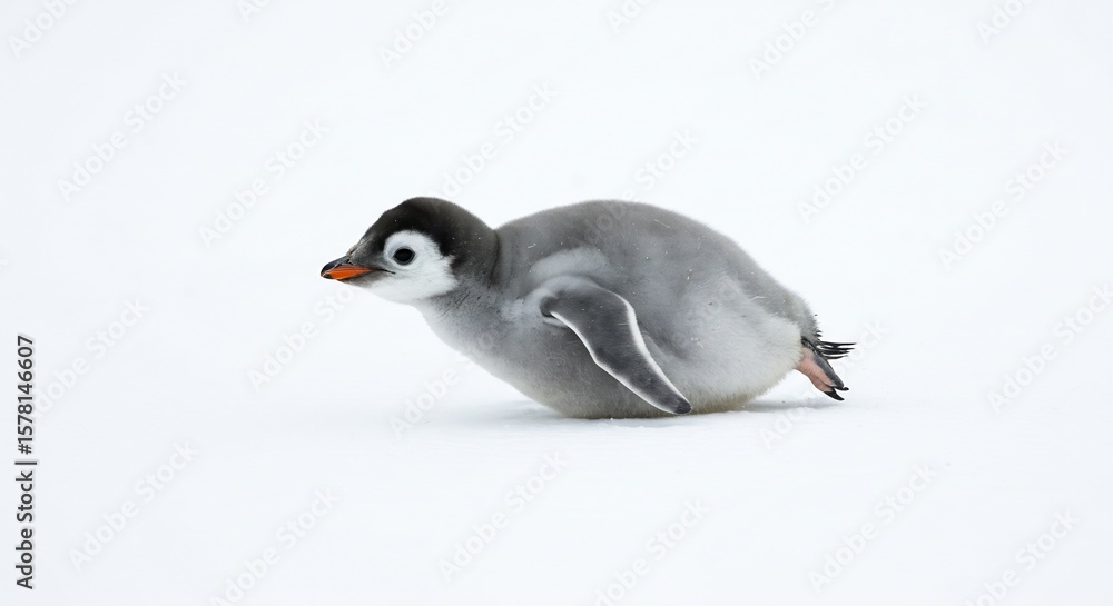 Fototapeta premium 白い背景 愛らしいペンギンの子 滑らかに動く 羽ばたく瞬間. AI Generated