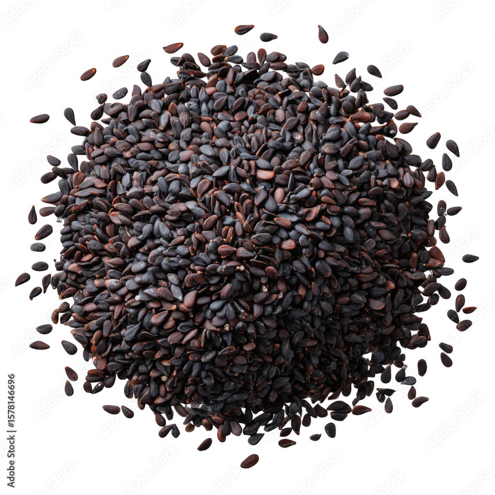 Close up overhead view of heap of black sesame seeds isolated on transparent background Close up overhead view of heap of black sesame seeds isolated on transparent background
