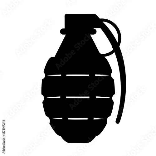 Silhouette of Hand Grenade Icon, A black silhouette of a hand grenade symbol, representing weapons, military, or danger in a minimalist style.
