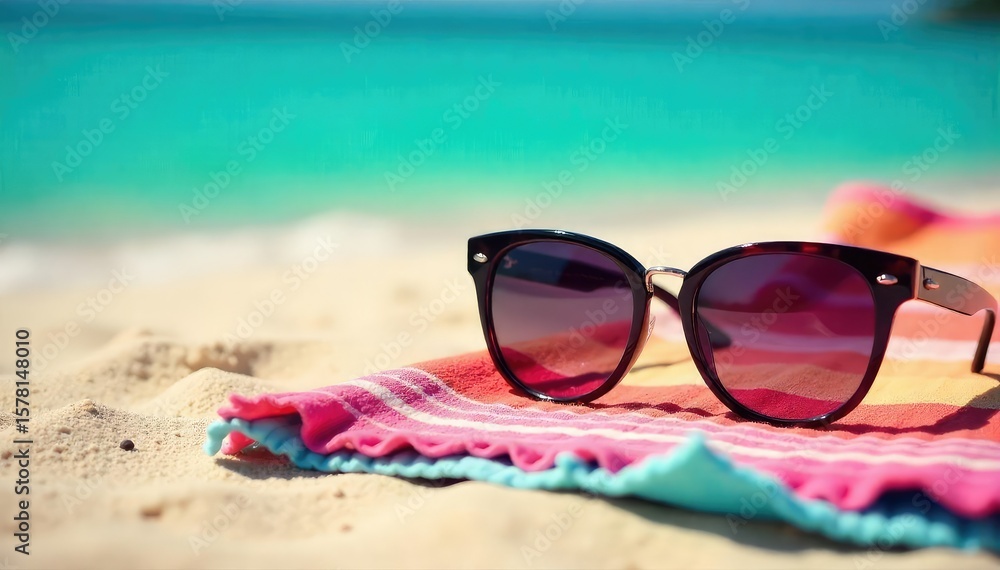 Stylish Sunglasses Winking on Beach Towel Playful Summer Vacation Scene Stylish Sunglasses Winking on Beach Towel Playful Summer Vacation Scene