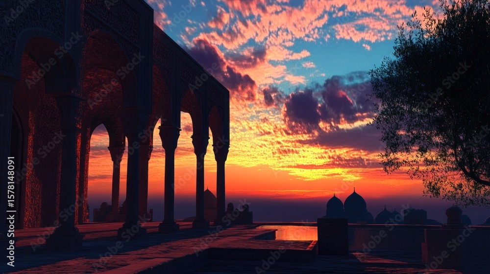 Naklejka premium Ancient arches, sunset hues, dramatic sky