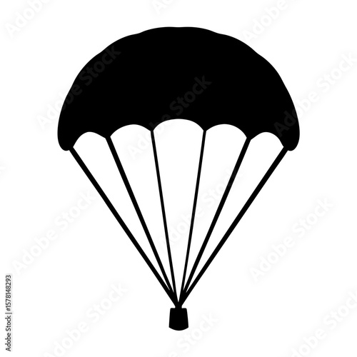 Silhouette of a Parachute in Freefall, A black silhouette of a parachute with open canopy, symbolizing skydiving, adventure, or air travel.

