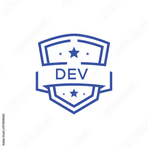 Classic Shield Logo with Stars and DEV Letters – Premium Badge or Security Brand Identity. DEV Letter Logo.
