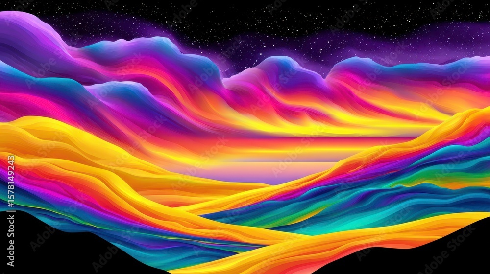 Fototapeta premium Abstract Landscape, Galaxy, Colorful Waves, Art, Digital Art