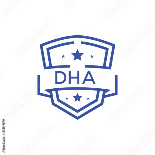Classic Shield Logo with Stars and DHA Letters – Premium Badge or Security Brand Identity. DHA Letter Logo.
