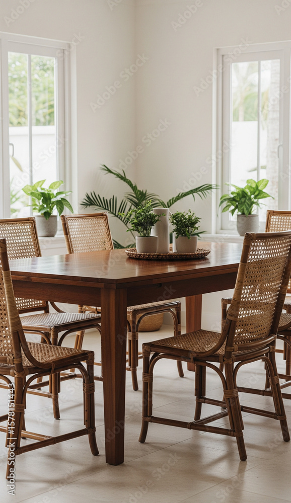 Fototapeta premium Scandinavian-tropical fusion dining room with wooden surfaces and greenery.