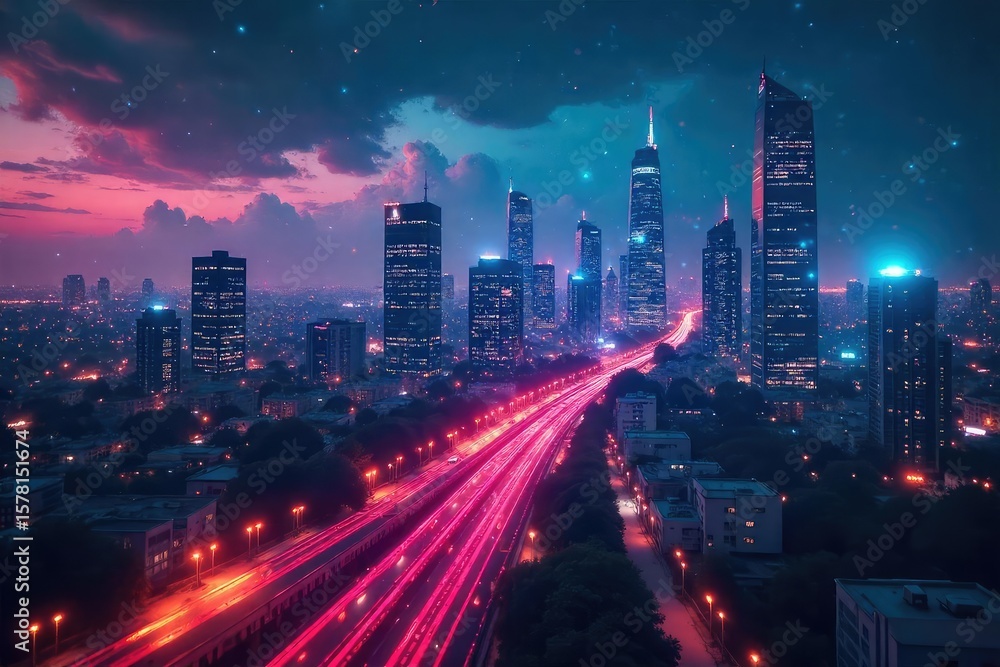 Fototapeta premium Futuristic Cityscape Interconnected RSS Feeds Illustrate a Vibrant Social Network, Showcasing Innovation and Shared Information Streams in a Dynamic, Technologically Advanced Metropolis.