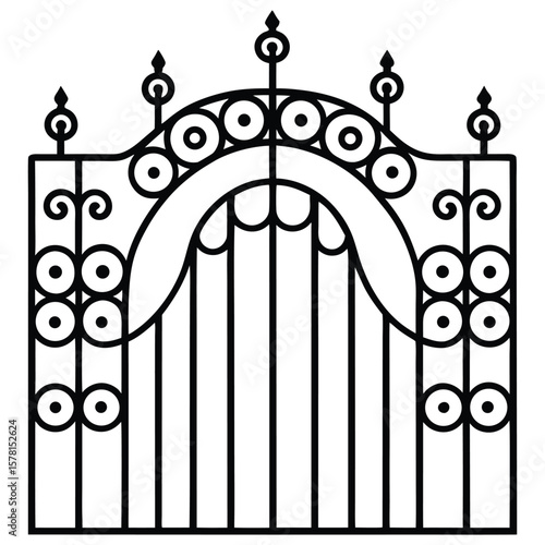 Ornate black metal gate with decorative circles vector